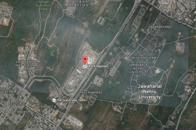 Figure 1, location of DLF Emporio and its surroundings, Google Earth